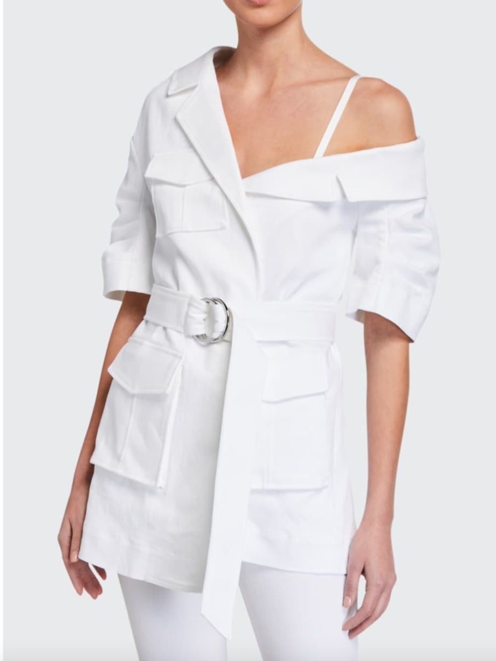 Cinq à Sept Katie Off-Shoulder Asymmetric Belted Utility Jacket, White, Size 2